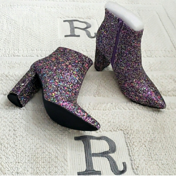 ALLEGRA K GLITTER POINTED TOE CHUNKY HEEL PURPLE ANKLE BOOTS - Picture 12 of 12
